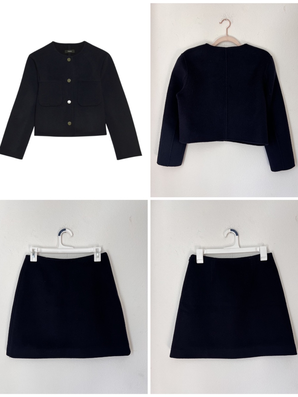 Theory Luxe Divide Wool-Cashmere Navy Blue Cropped Jacket & Mini Skirt Set Sz 4